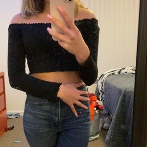 Off the shoulder , tight long sleeve shirt